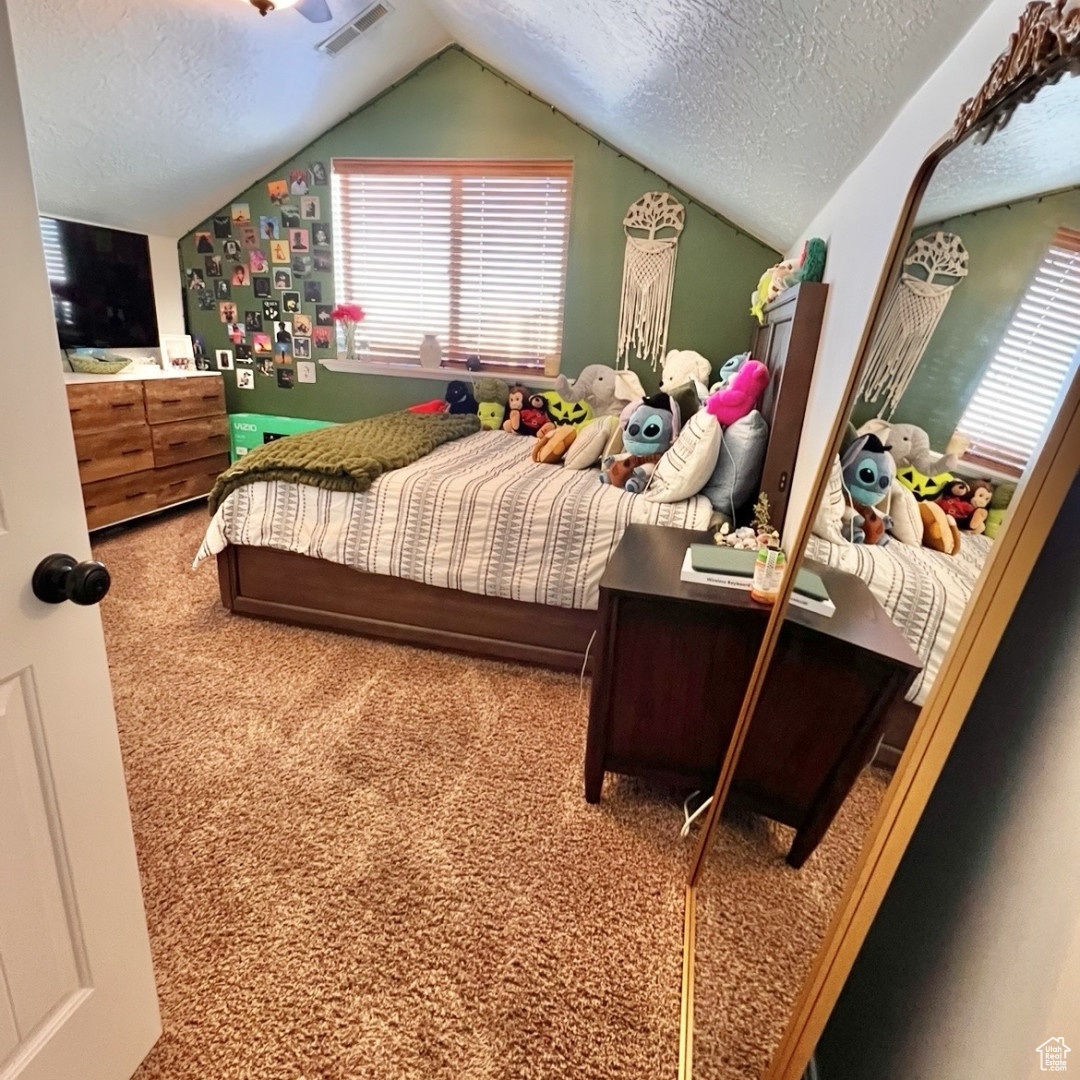 Carpeted bedroom featuring vaulted ceiling and a textured ceiling