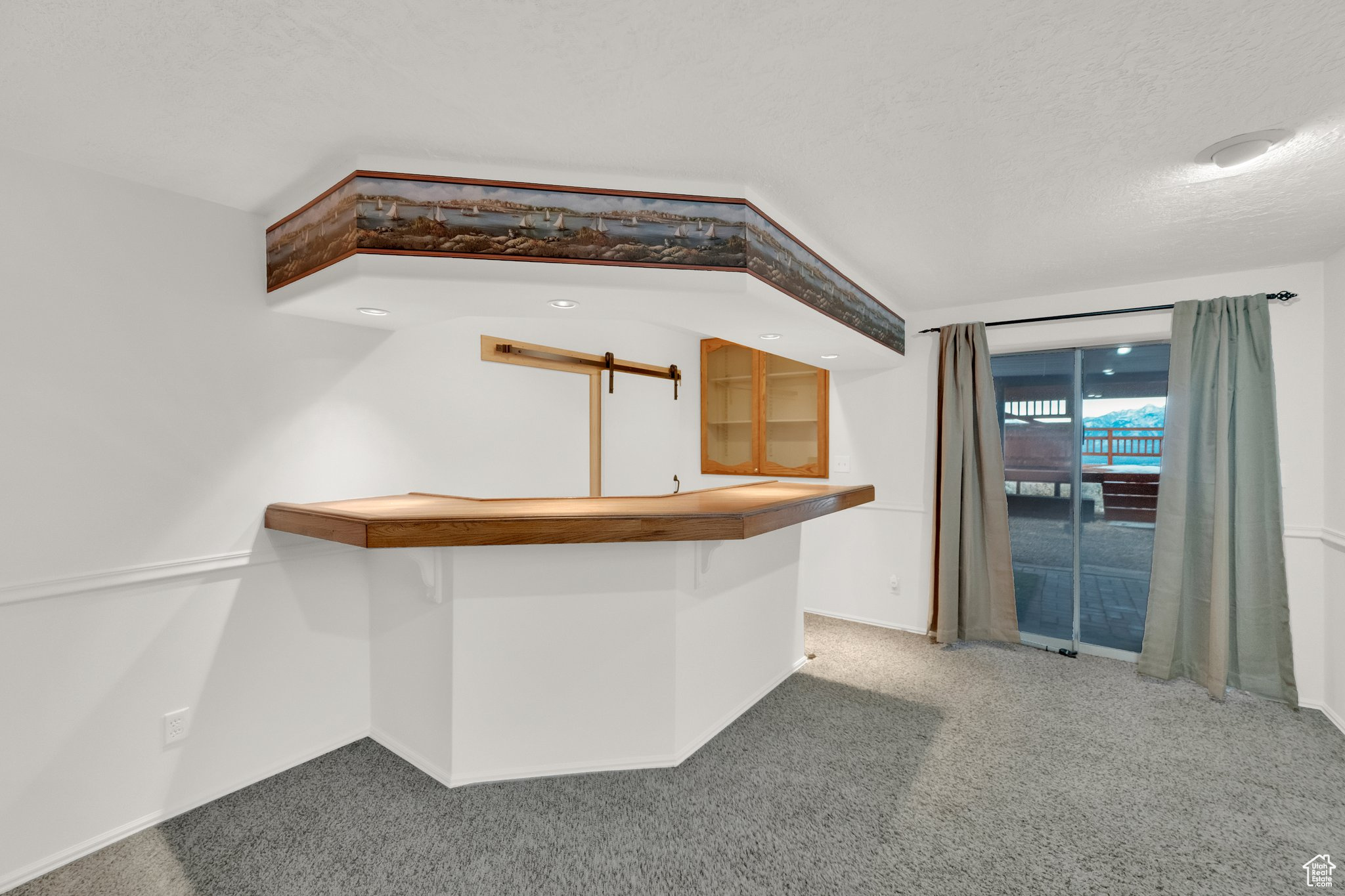 Bar with white cabinetry, carpet floors, and a textured ceiling