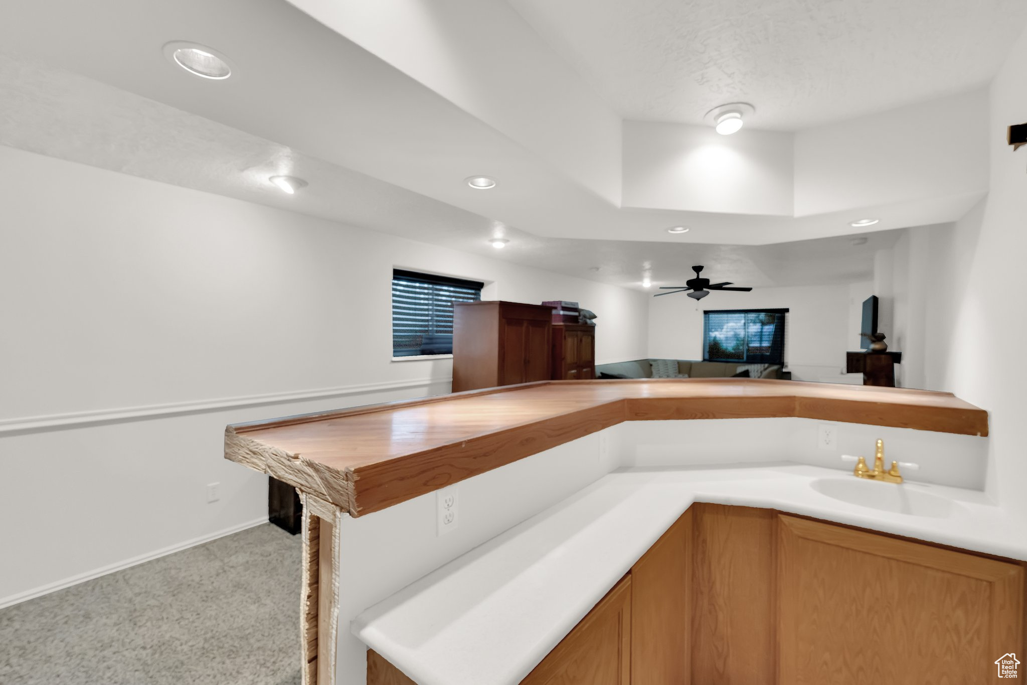 Kitchen with sink, light carpet, and ceiling fan