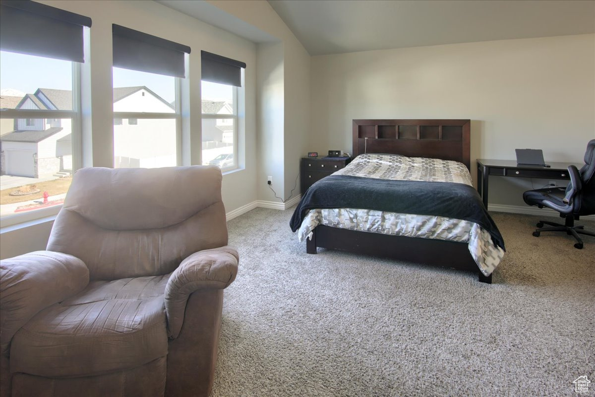 Carpeted bedroom with vaulted ceiling