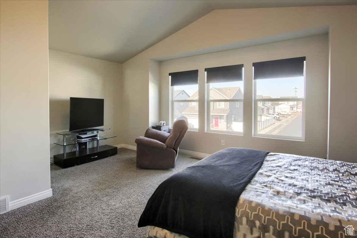 Carpeted bedroom featuring lofted ceiling