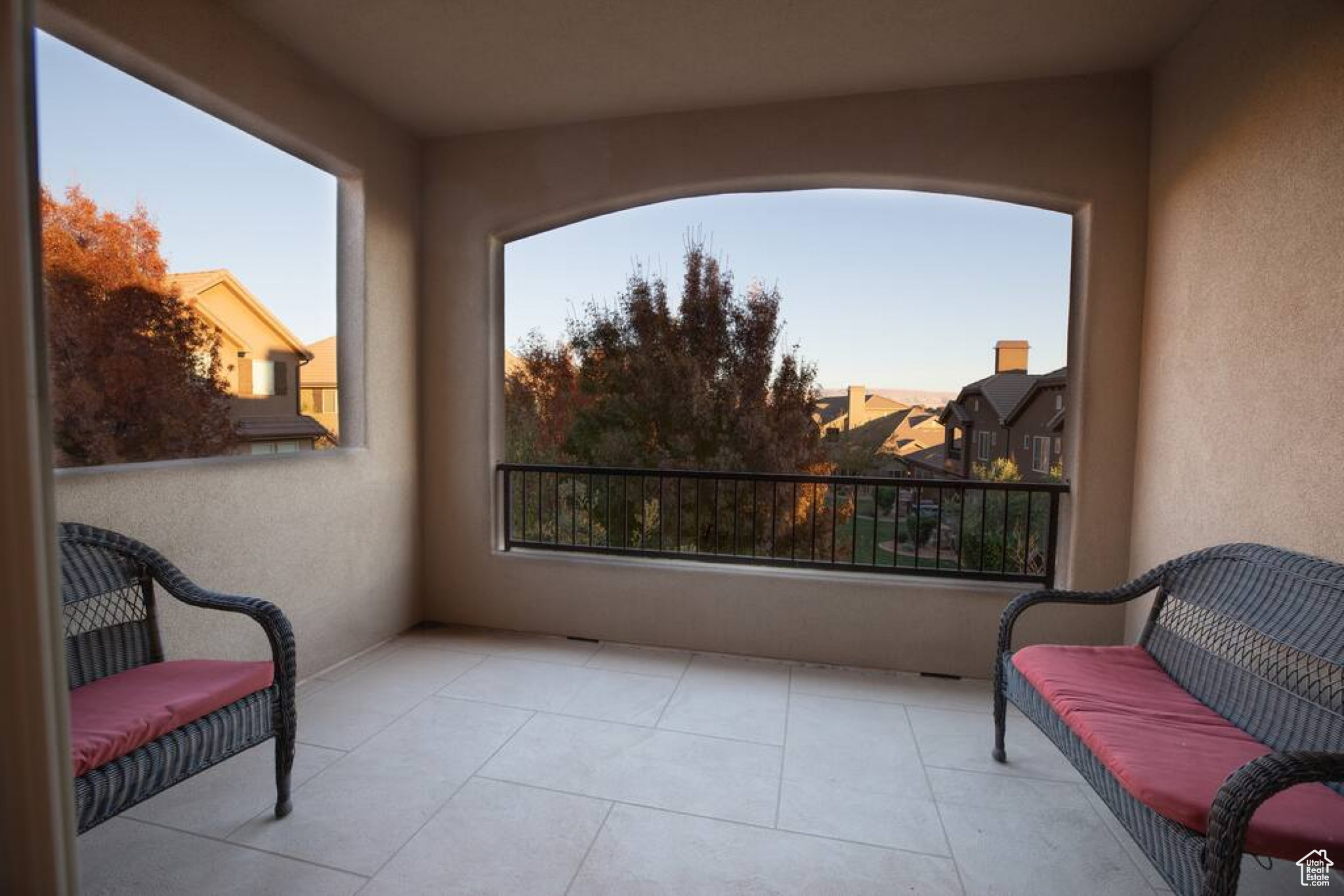 View of balcony at dusk