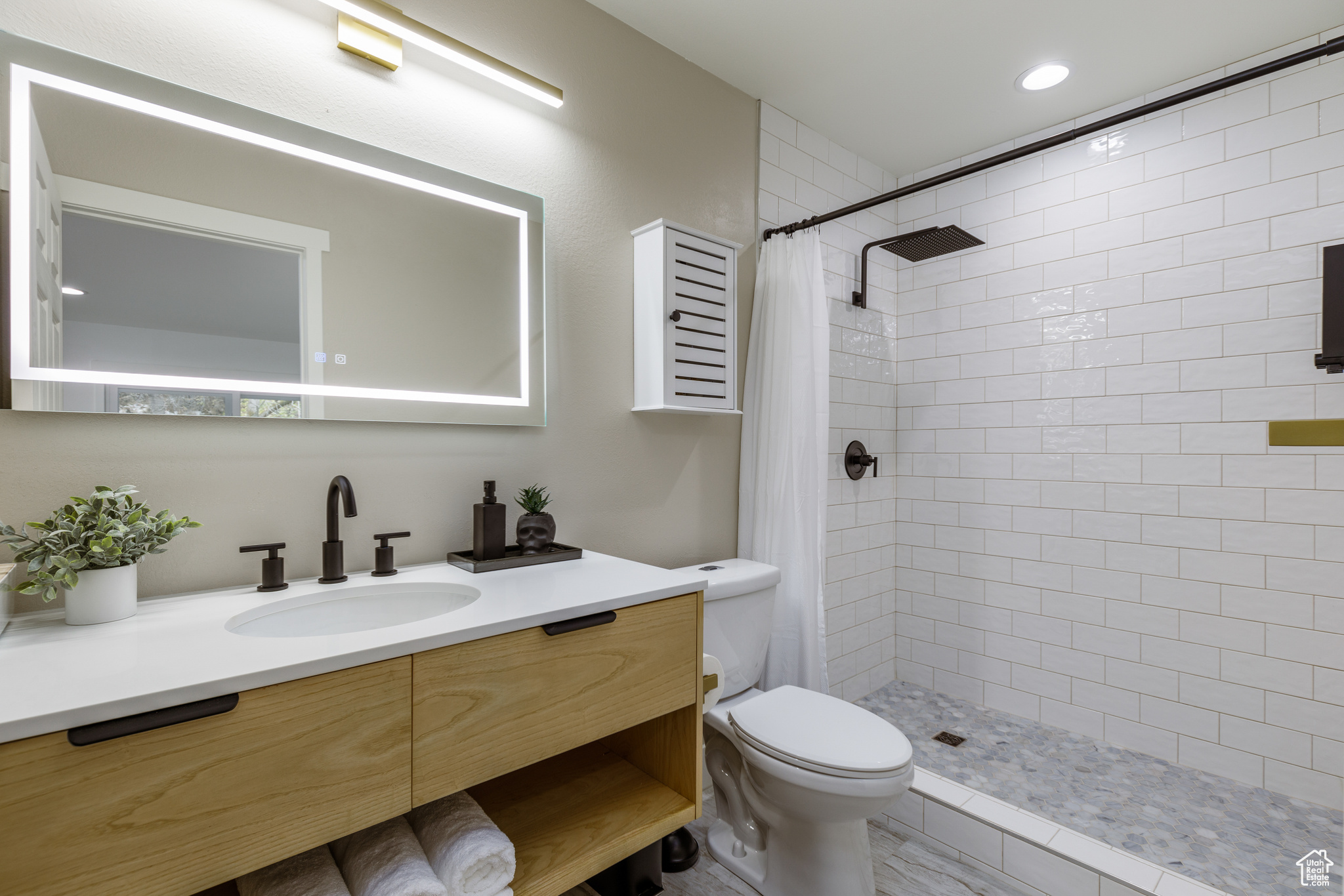 Bathroom with vanity, toilet, and walk in shower