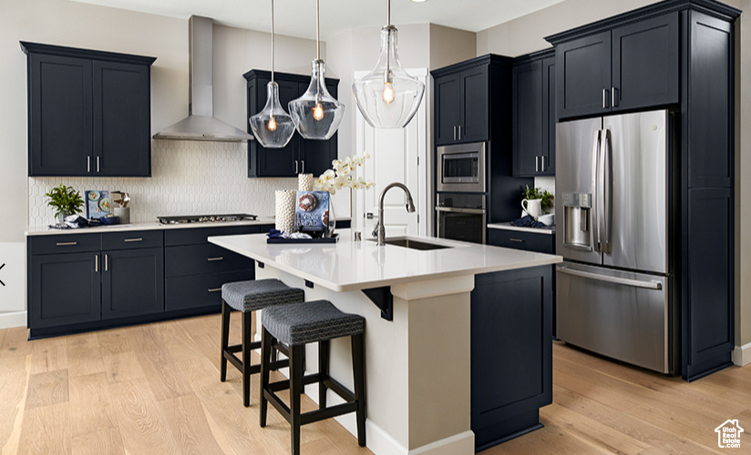 Kitchen with a kitchen bar, wall chimney exhaust hood, sink, an island with sink, and stainless steel appliances