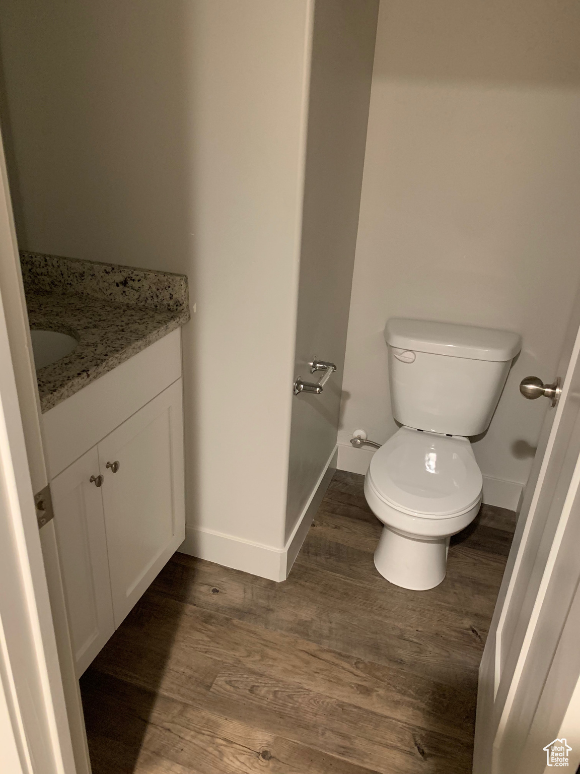 Bathroom with vanity, toilet, and wood-type flooring