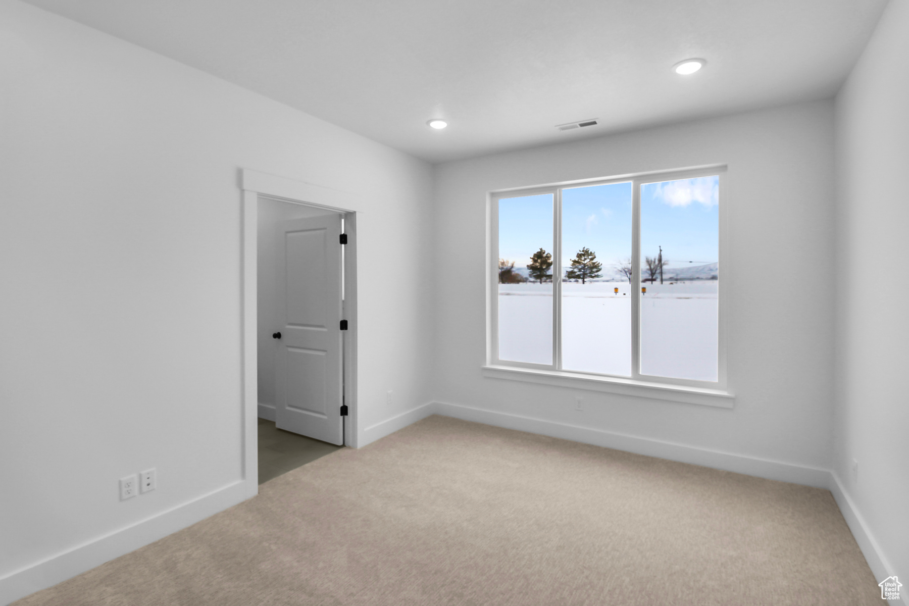 Bedroom featuring carpet floors, closet, and large windows