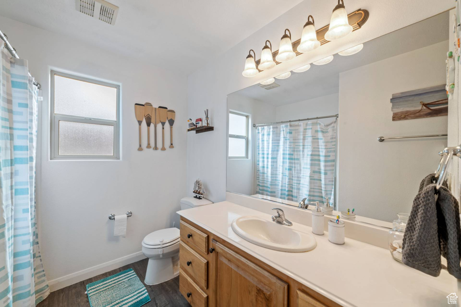 Bathroom featuring vanity, toilet, and wood-type flooring