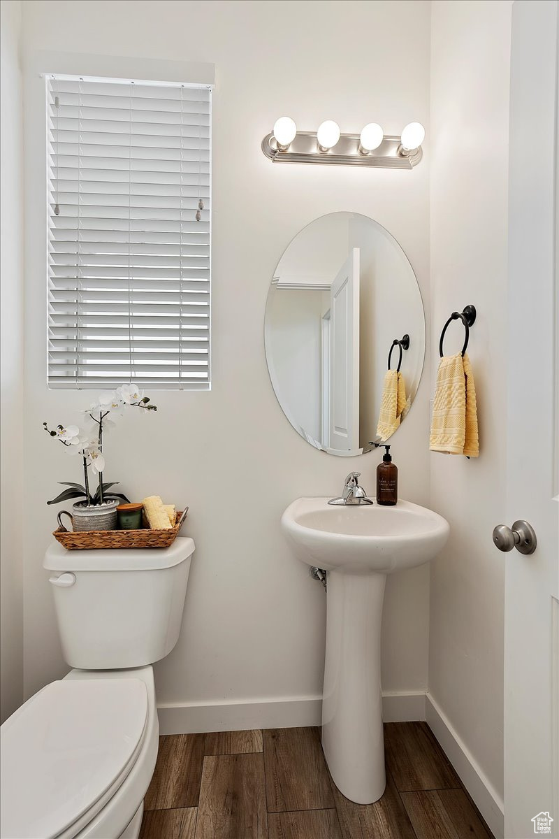 Bathroom featuring wood-type flooring, toilet, and sink