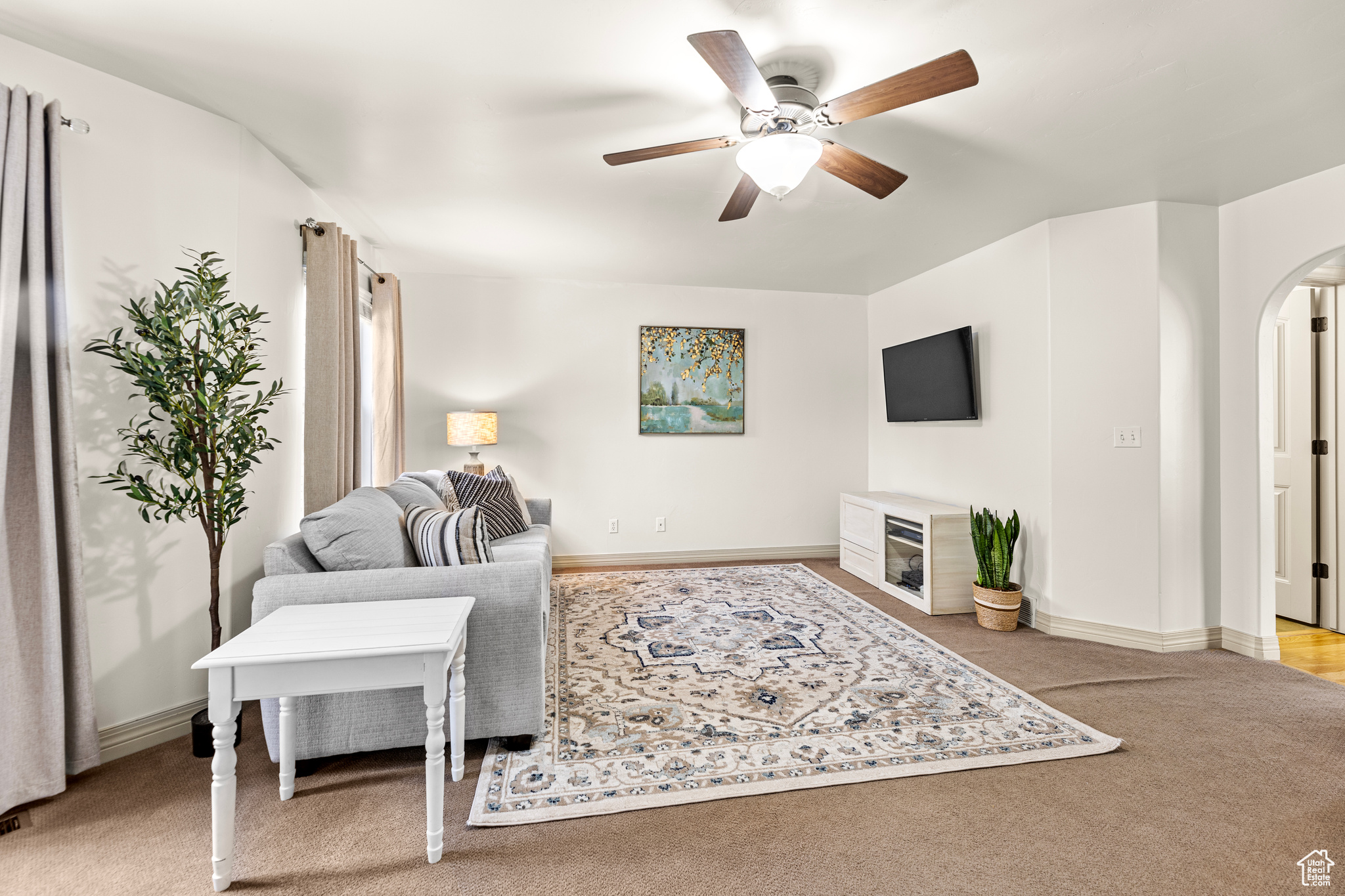 Carpeted living room featuring ceiling fan