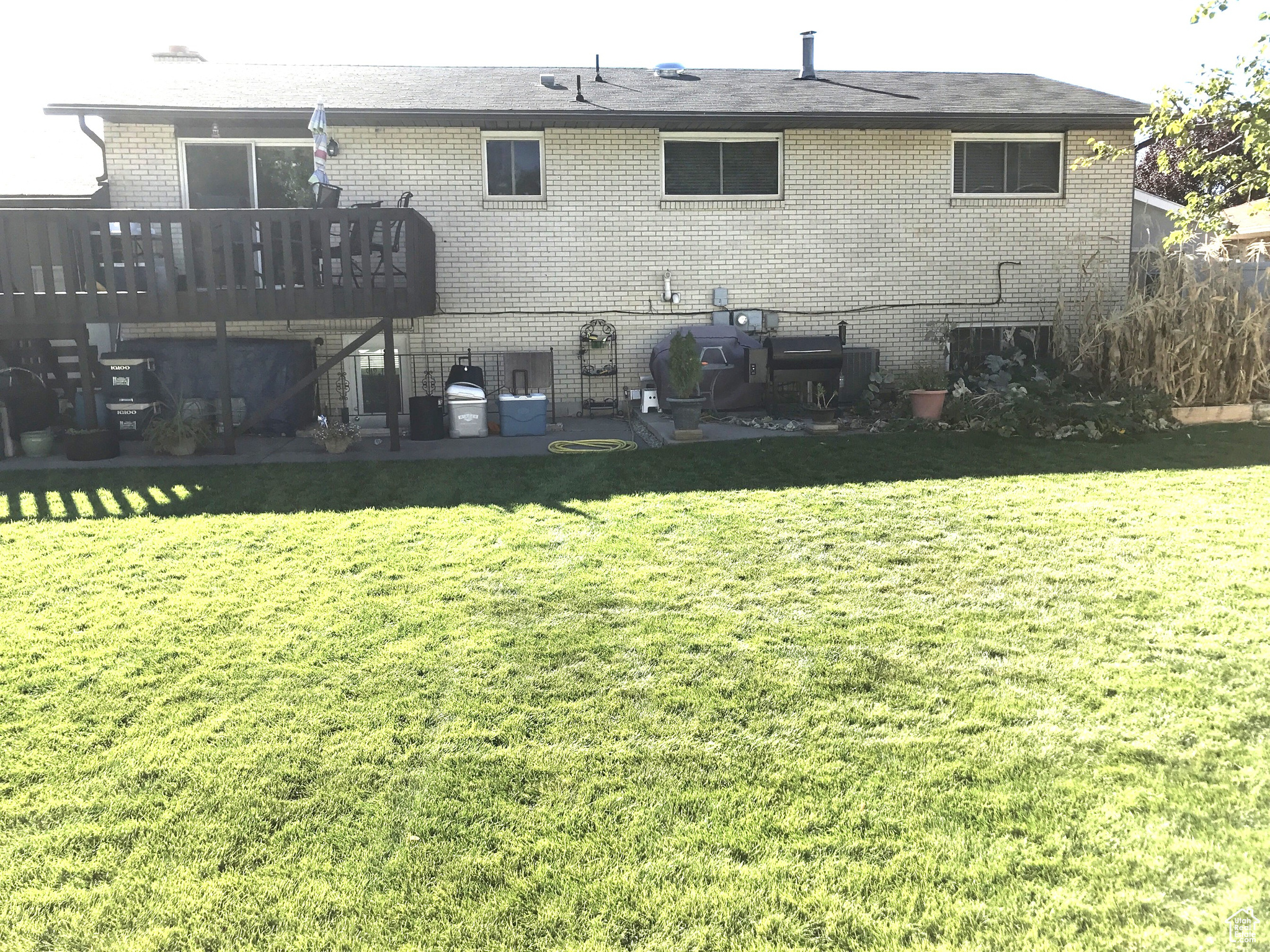 Rear view of house featuring a wooden deck and a yard