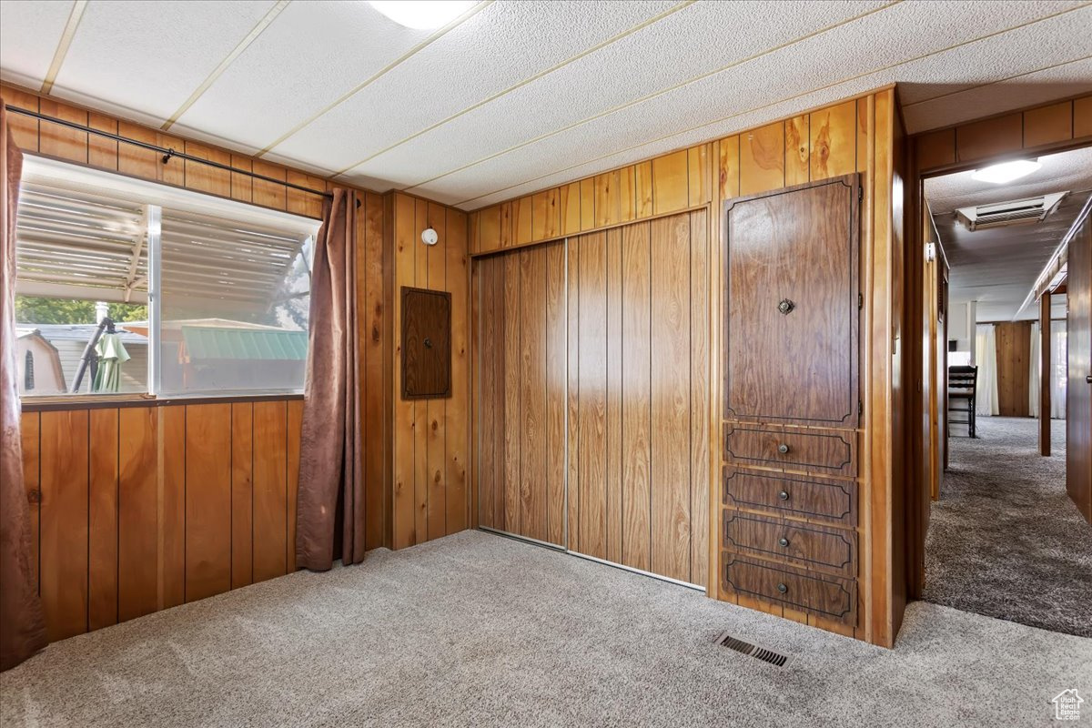 Carpeted empty room with wooden walls