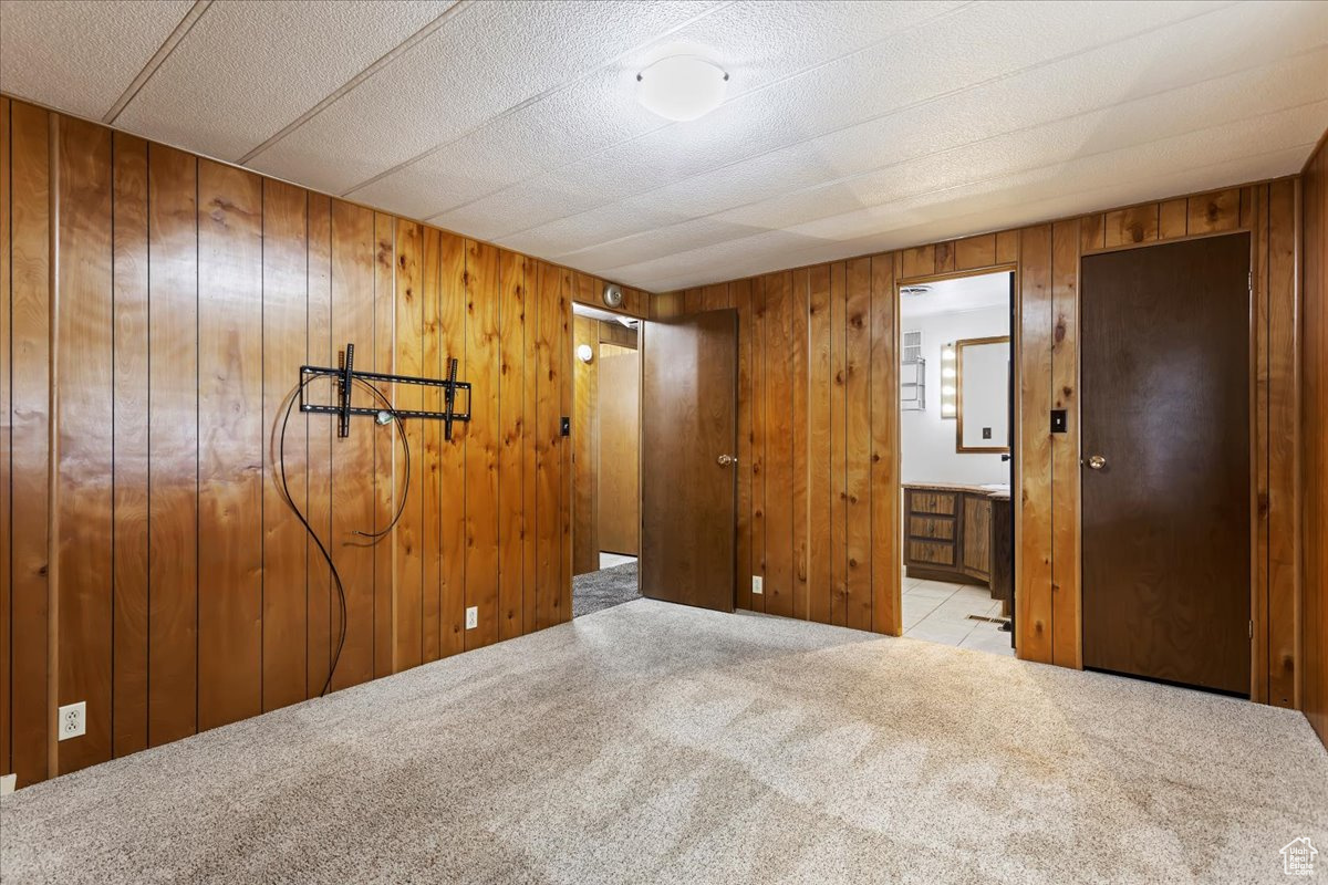 Carpeted empty room featuring wood walls