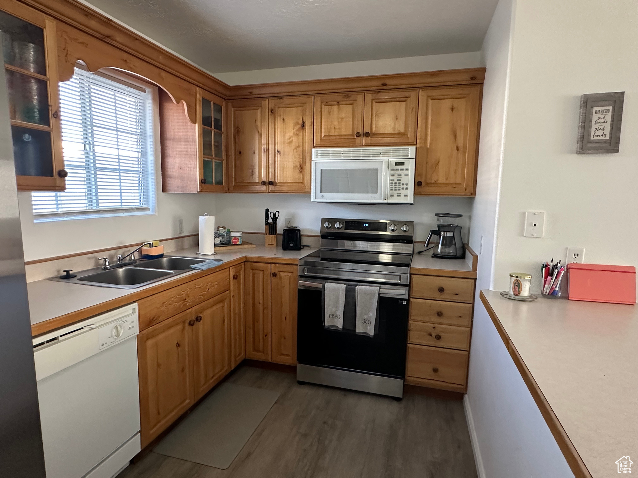 Kitchen with dark hardwood / wood-style flooring, sink, and white appliances