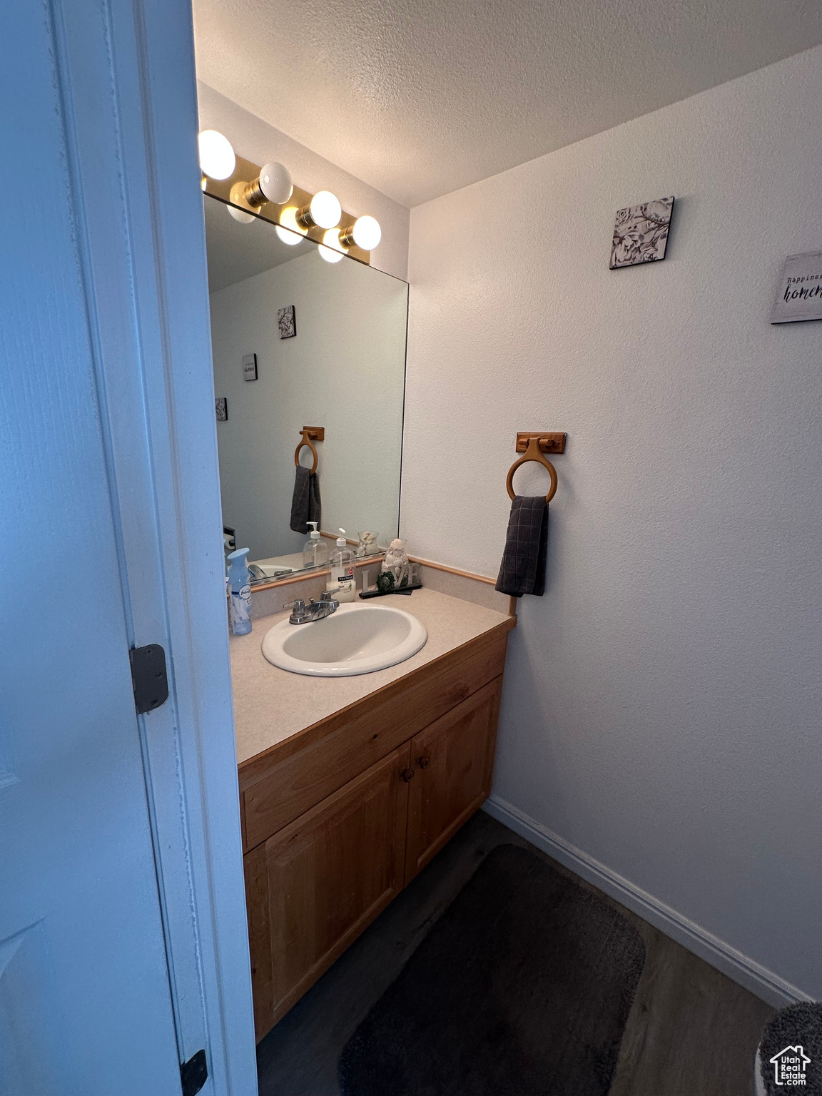 Bathroom featuring vanity, hardwood / wood-style floors, and a textured ceiling