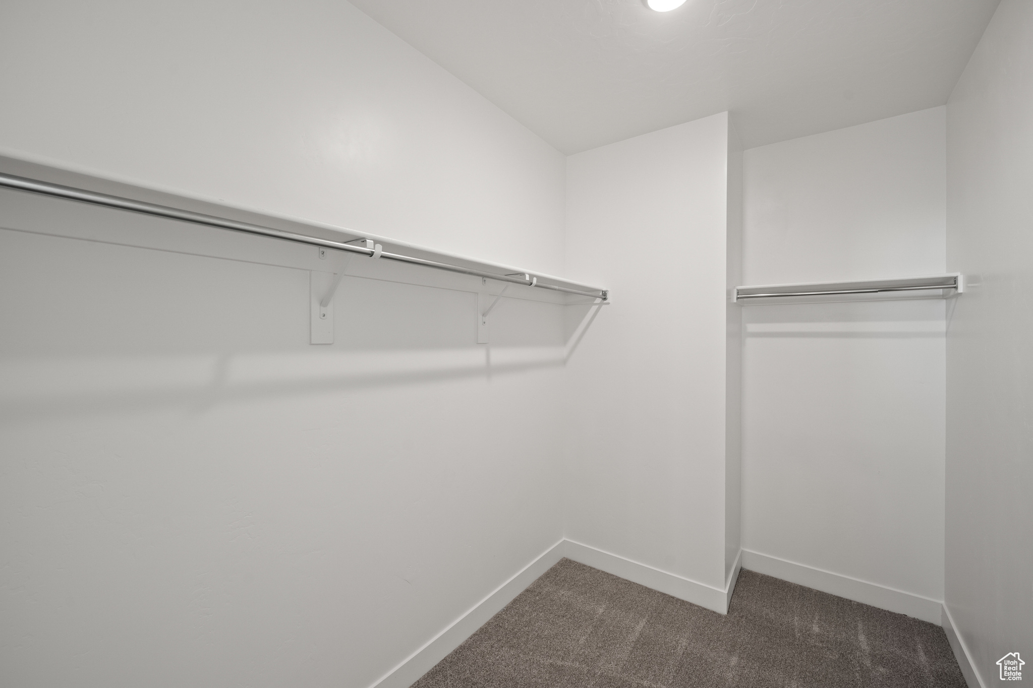 Spacious closet with dark colored carpet