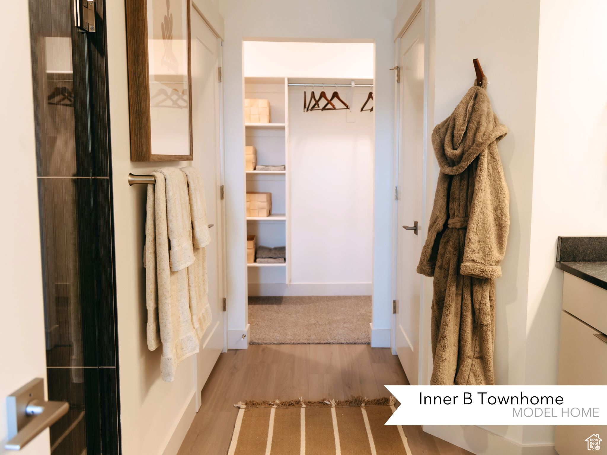 Bathroom with vanity and hardwood / wood-style flooring