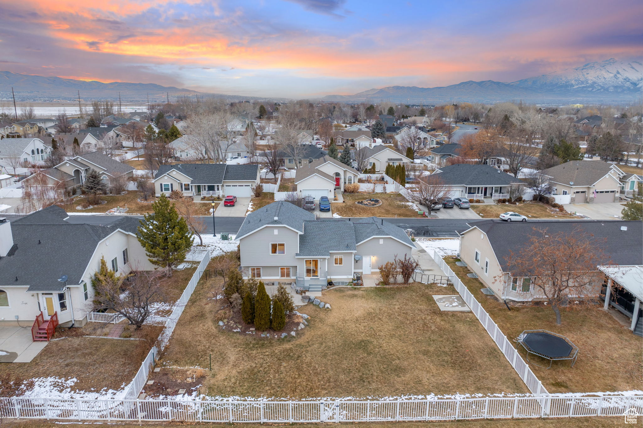 Aerial view at dusk with a mountain view