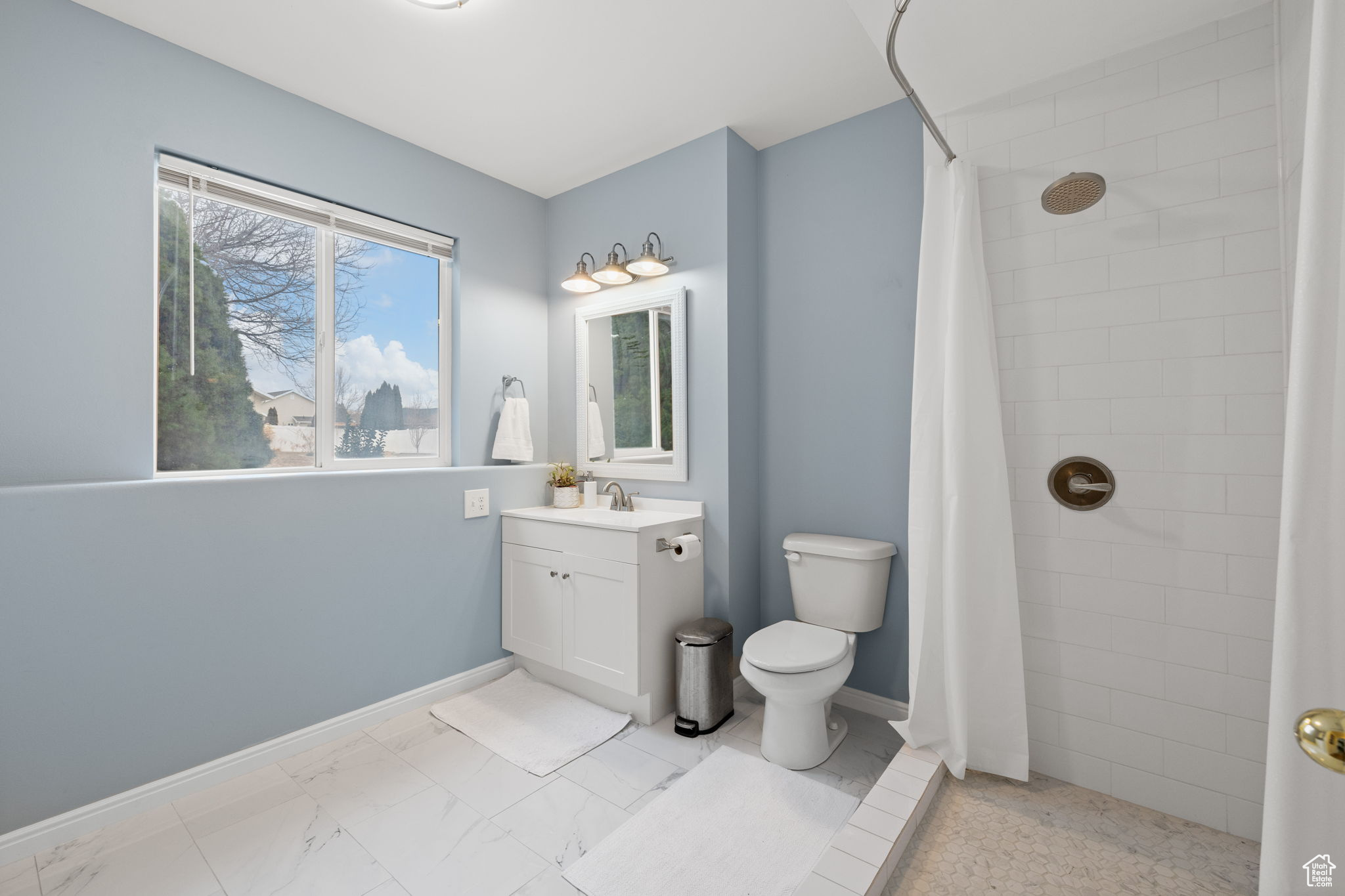 Bathroom featuring vanity, toilet, and walk in shower