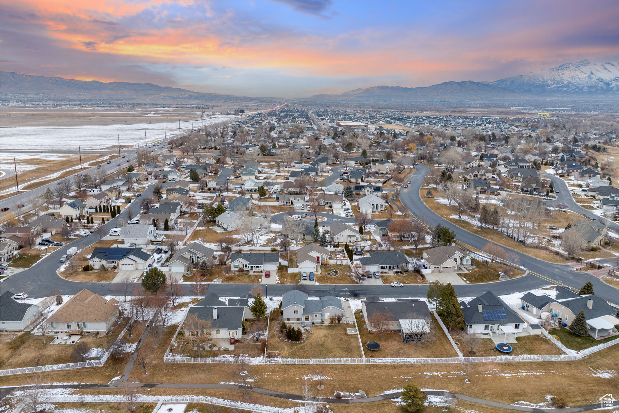 Aerial view at dusk with a mountain view