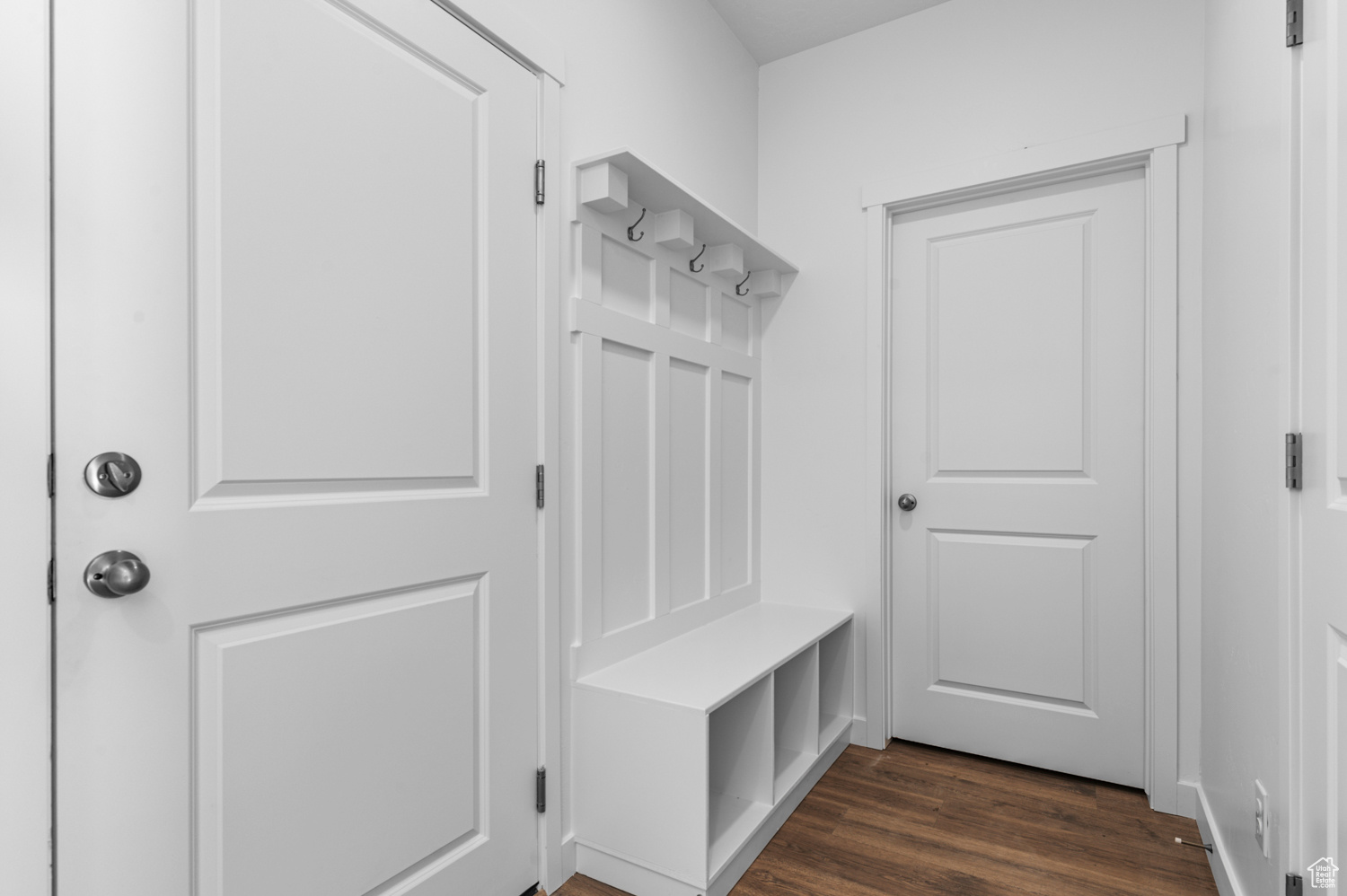 Mudroom featuring dark wood-type flooring