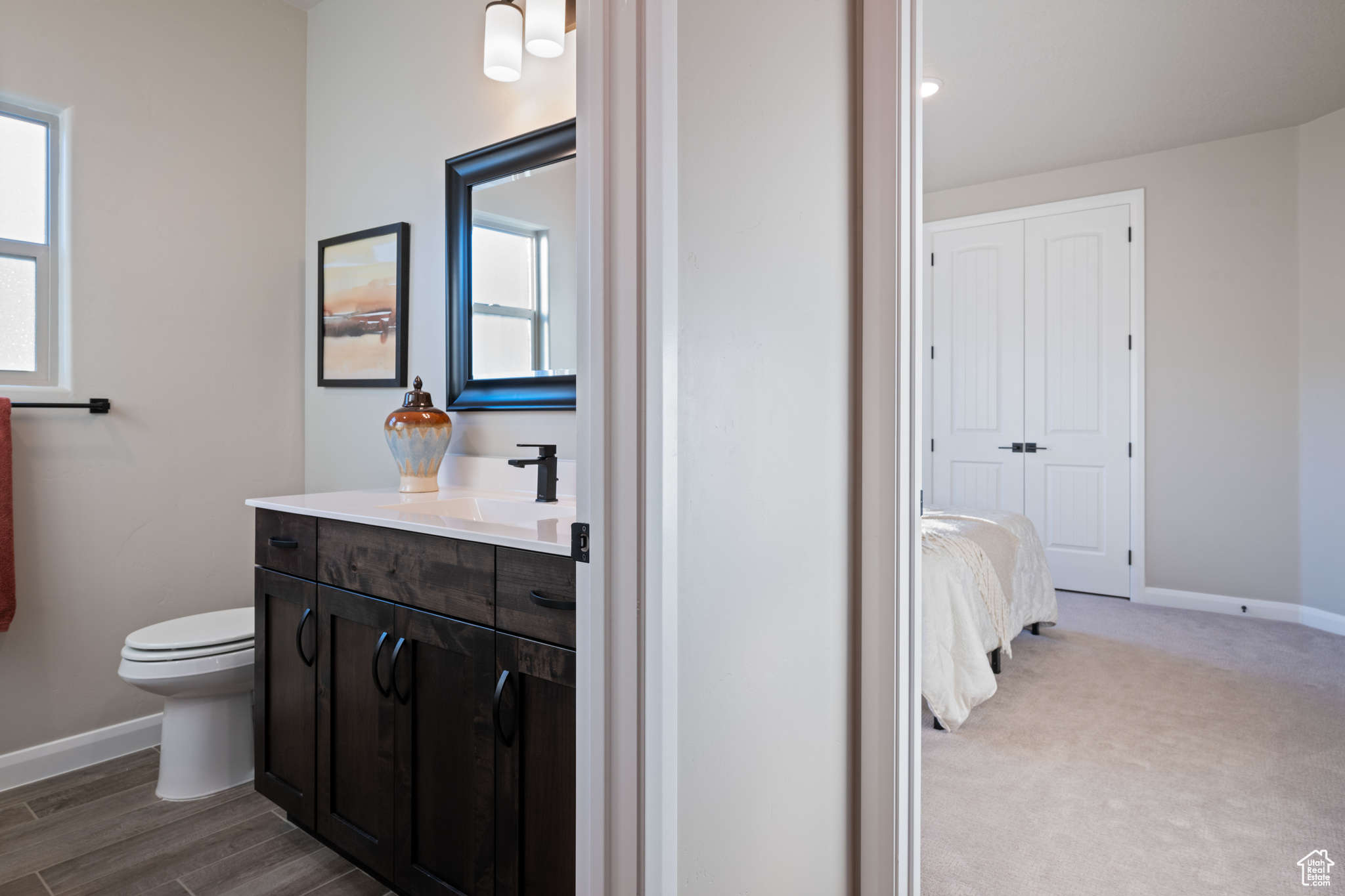 Bathroom featuring vanity, wood-type flooring, and toilet