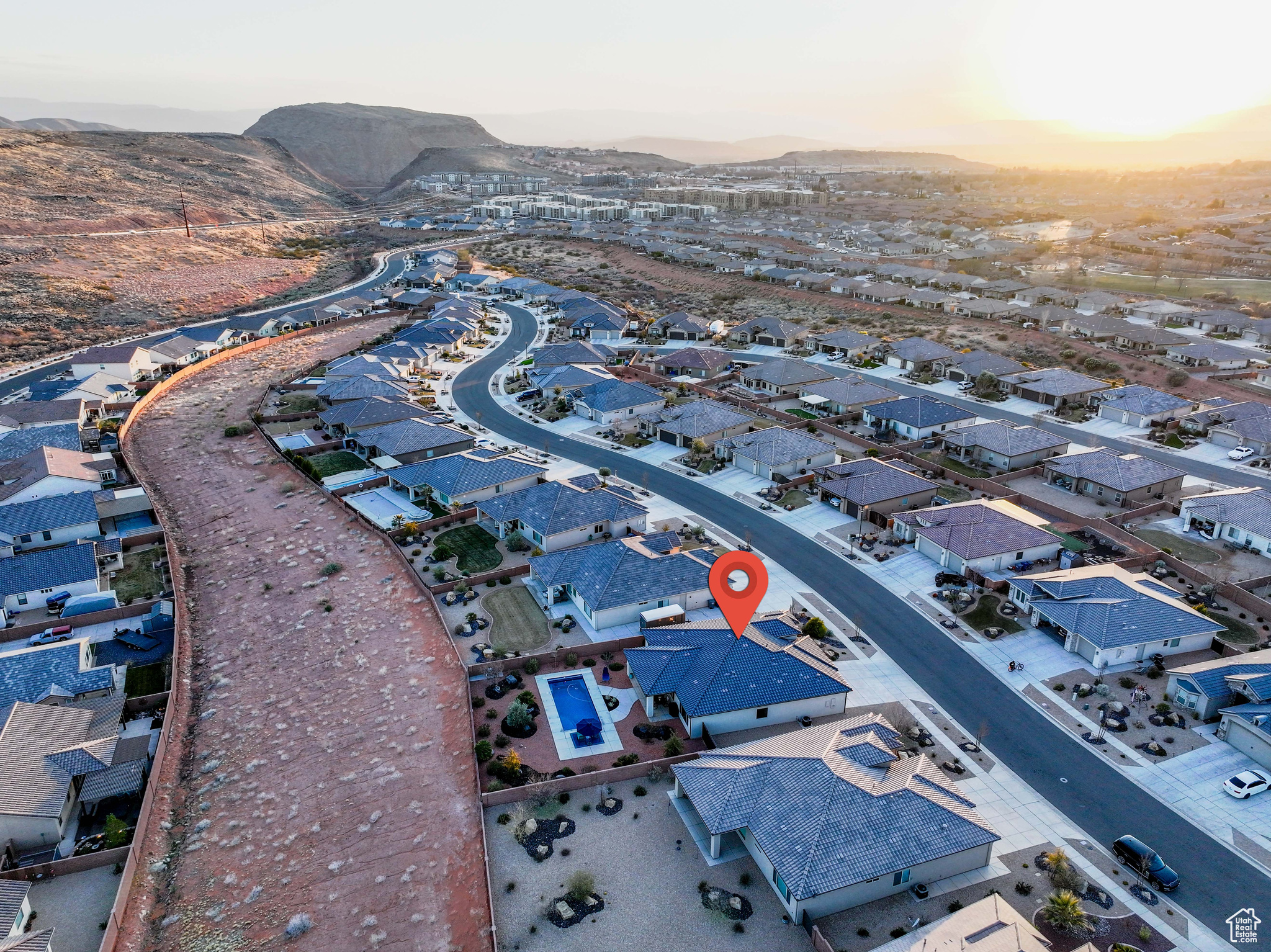 Aerial view at dusk with a mountain view