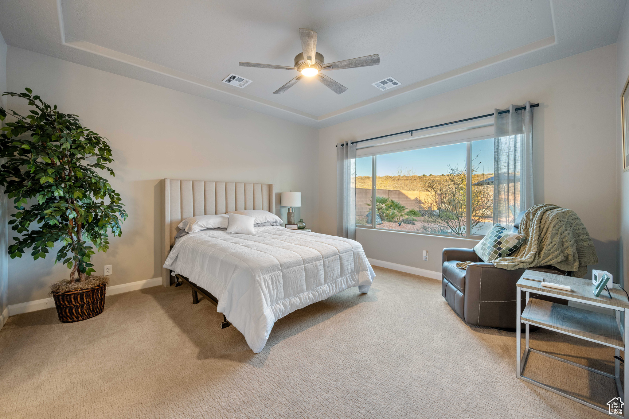 Carpeted bedroom with ceiling fan and a raised ceiling