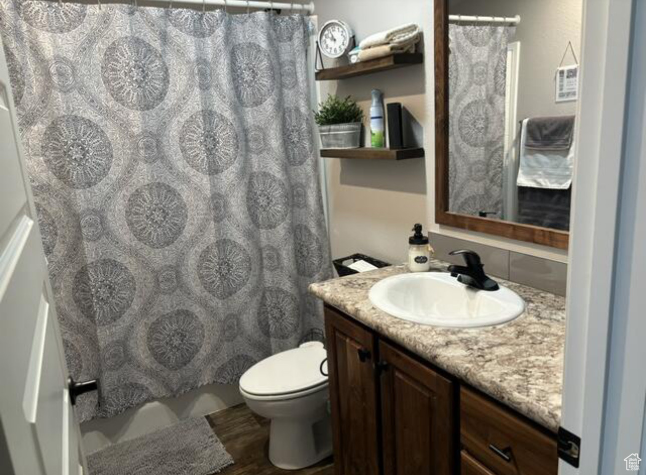 Bathroom with vanity, hardwood / wood-style flooring, toilet, and a shower with shower curtain