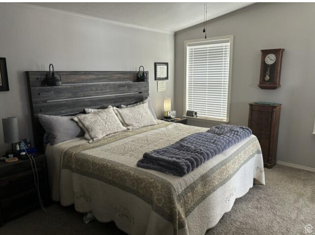 Carpeted bedroom with crown molding