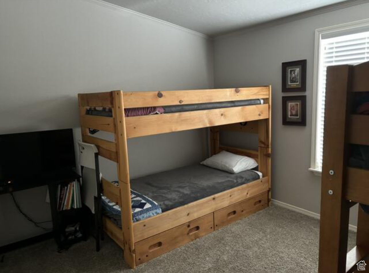 Bedroom with crown molding and carpet floors