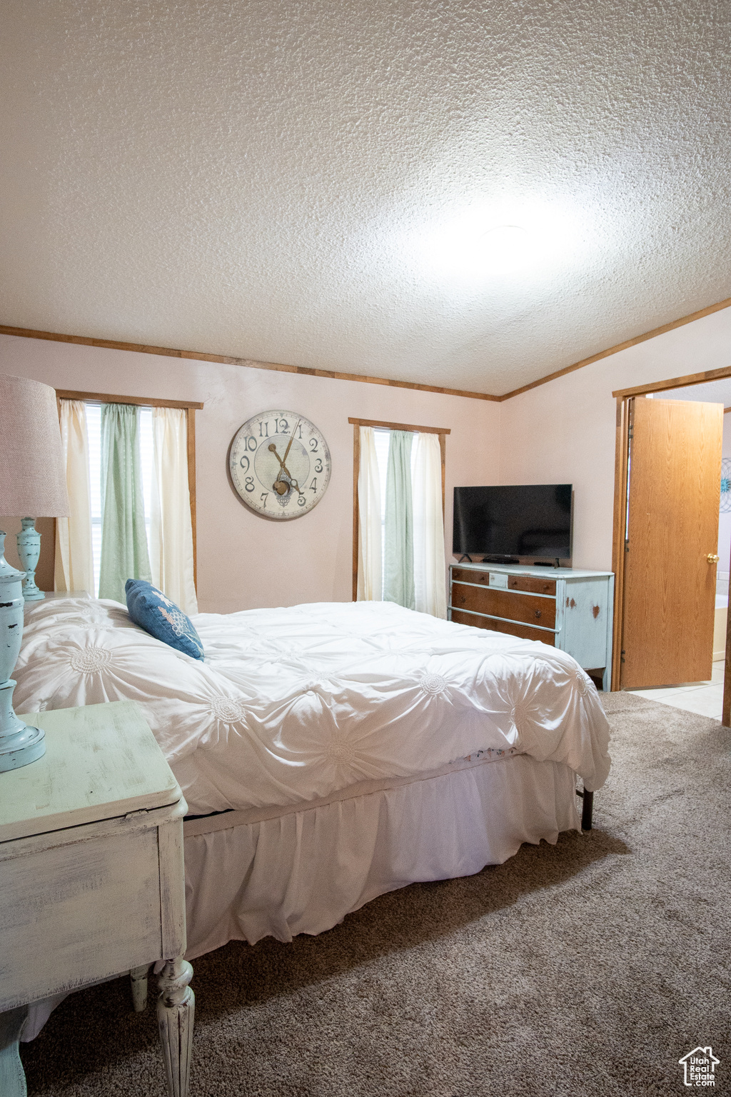 Carpeted bedroom with crown molding and a textured ceiling