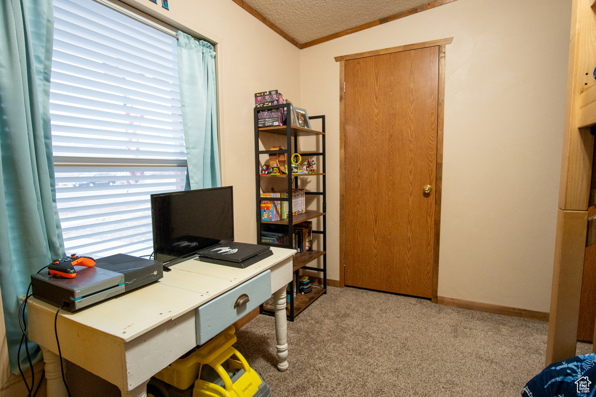 Office featuring light carpet, ornamental molding, vaulted ceiling, and a textured ceiling