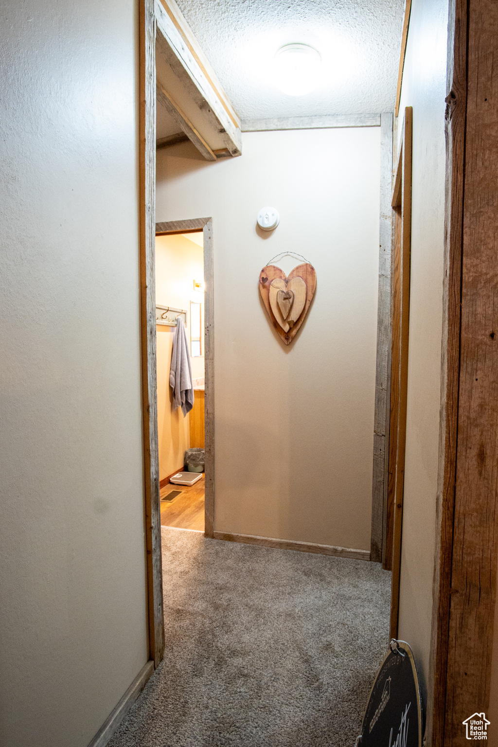 Hallway with carpet floors and a textured ceiling