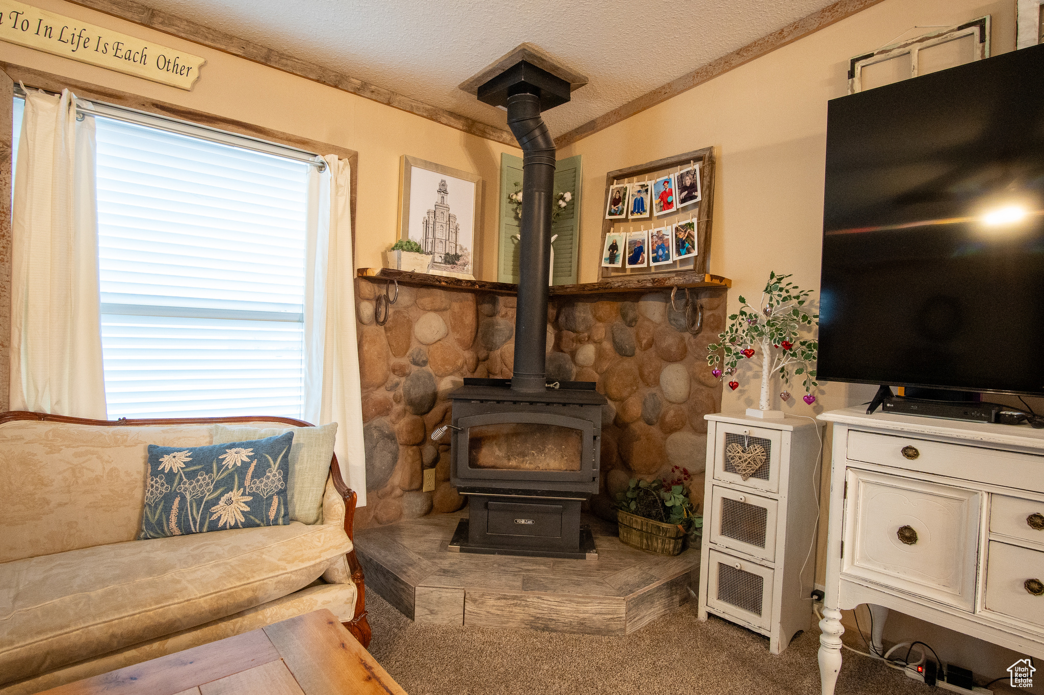 Living room with crown molding, carpet, a textured ceiling, and a wood stove