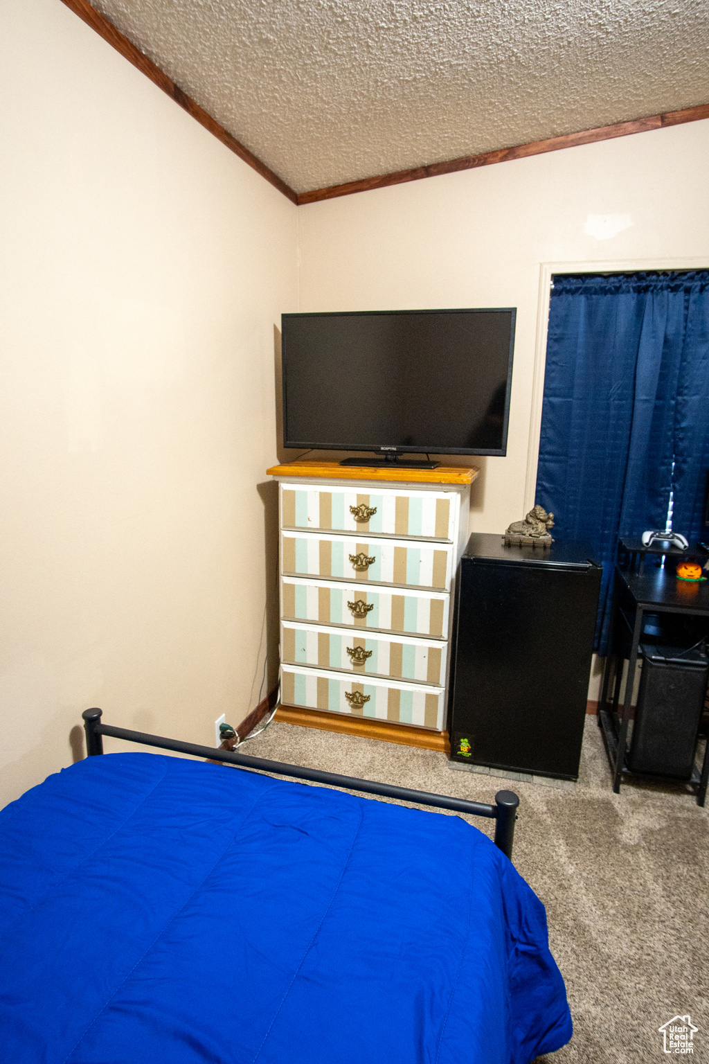 Bedroom featuring crown molding, carpet flooring, and a textured ceiling