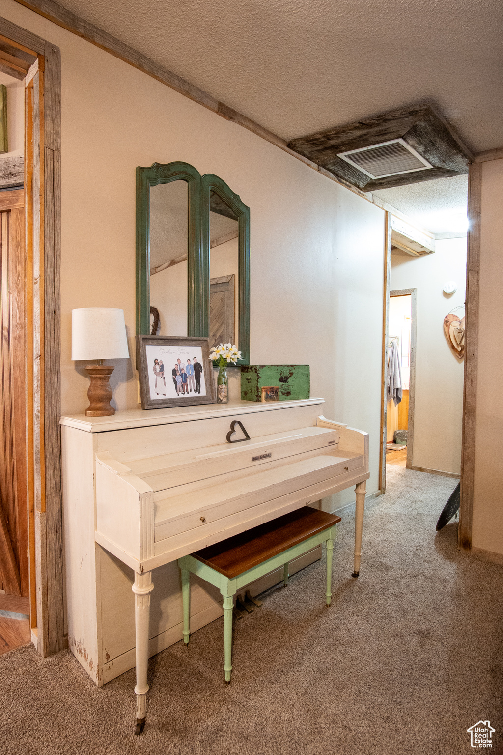 Misc room with carpet floors and a textured ceiling