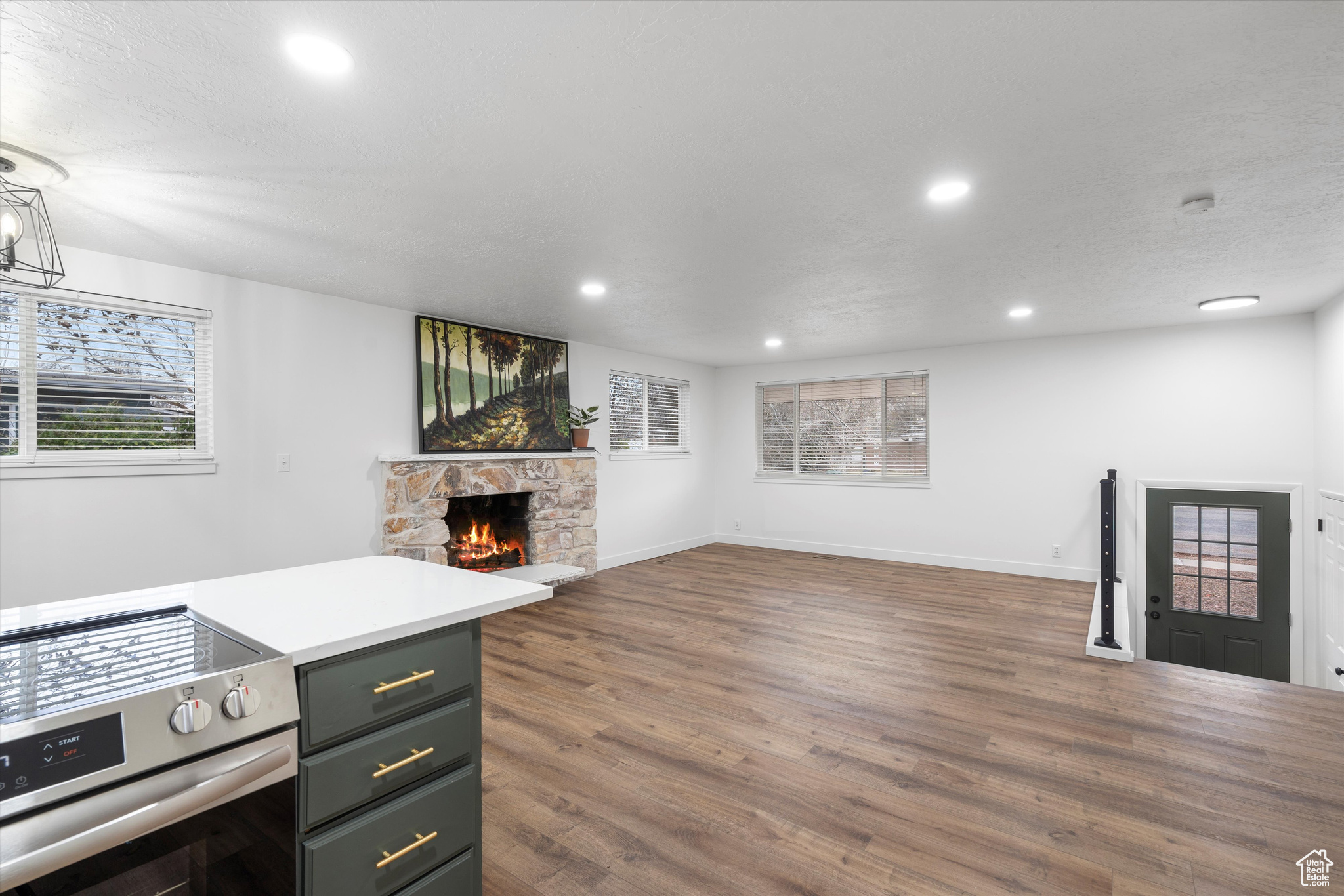 Living room with dark wood-type flooring, a healthy amount of sunlight, a fireplace, and a textured ceiling