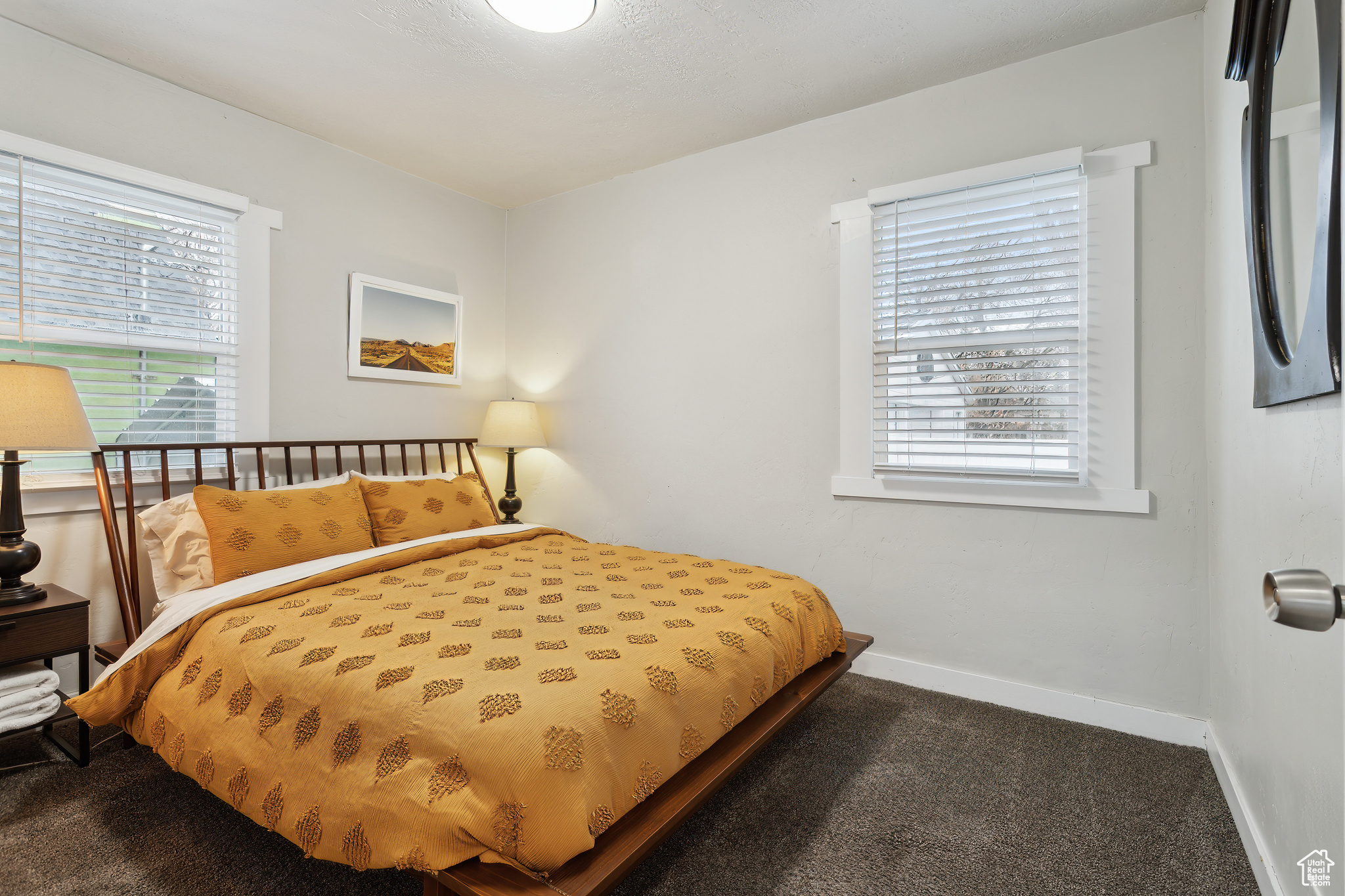 Bedroom with dark colored carpet