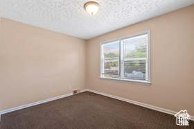 Unfurnished room with dark colored carpet and a textured ceiling