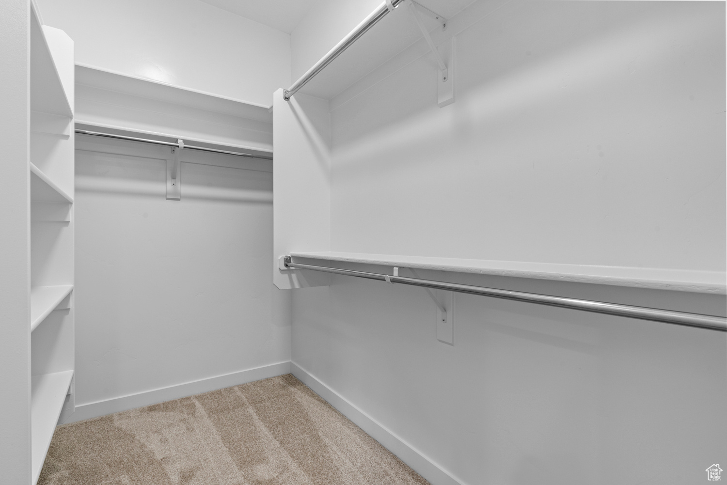 Walk in closet with light colored carpet