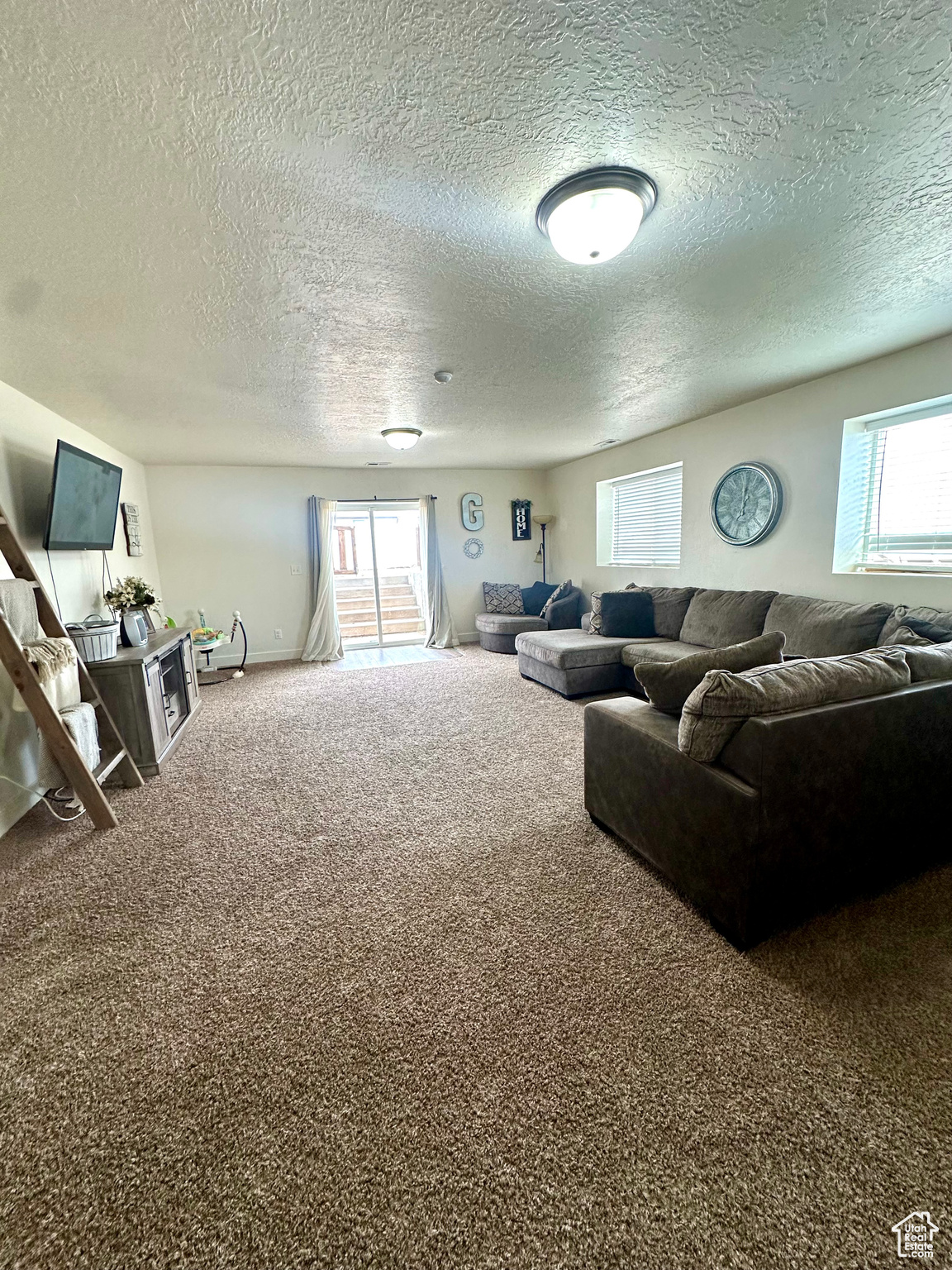 Living room with a textured ceiling and carpet flooring