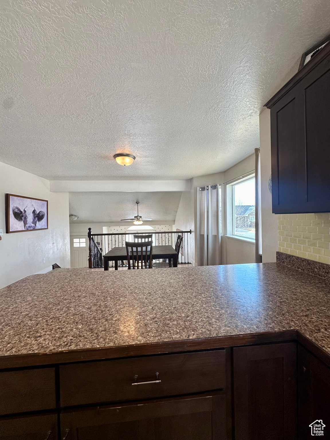 Kitchen featuring dark brown cabinets, kitchen peninsula, and ceiling fan