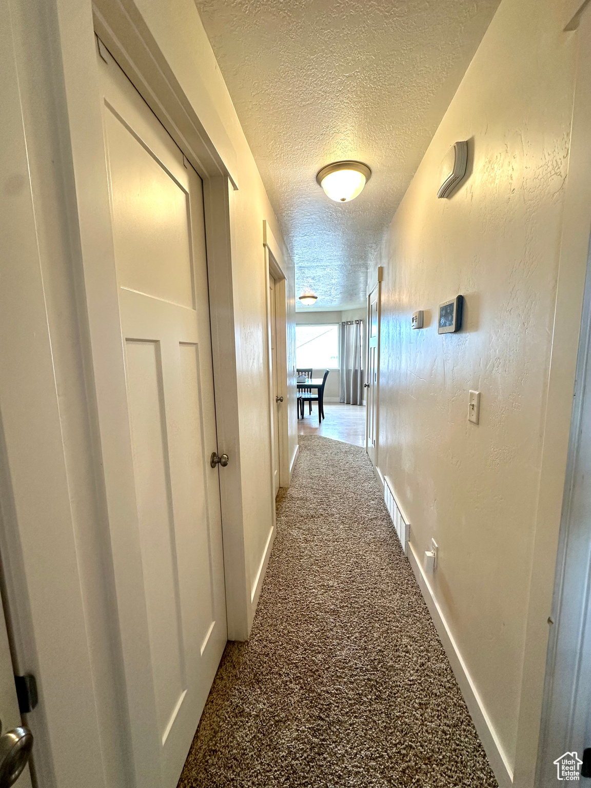 Hallway featuring carpet and a textured ceiling