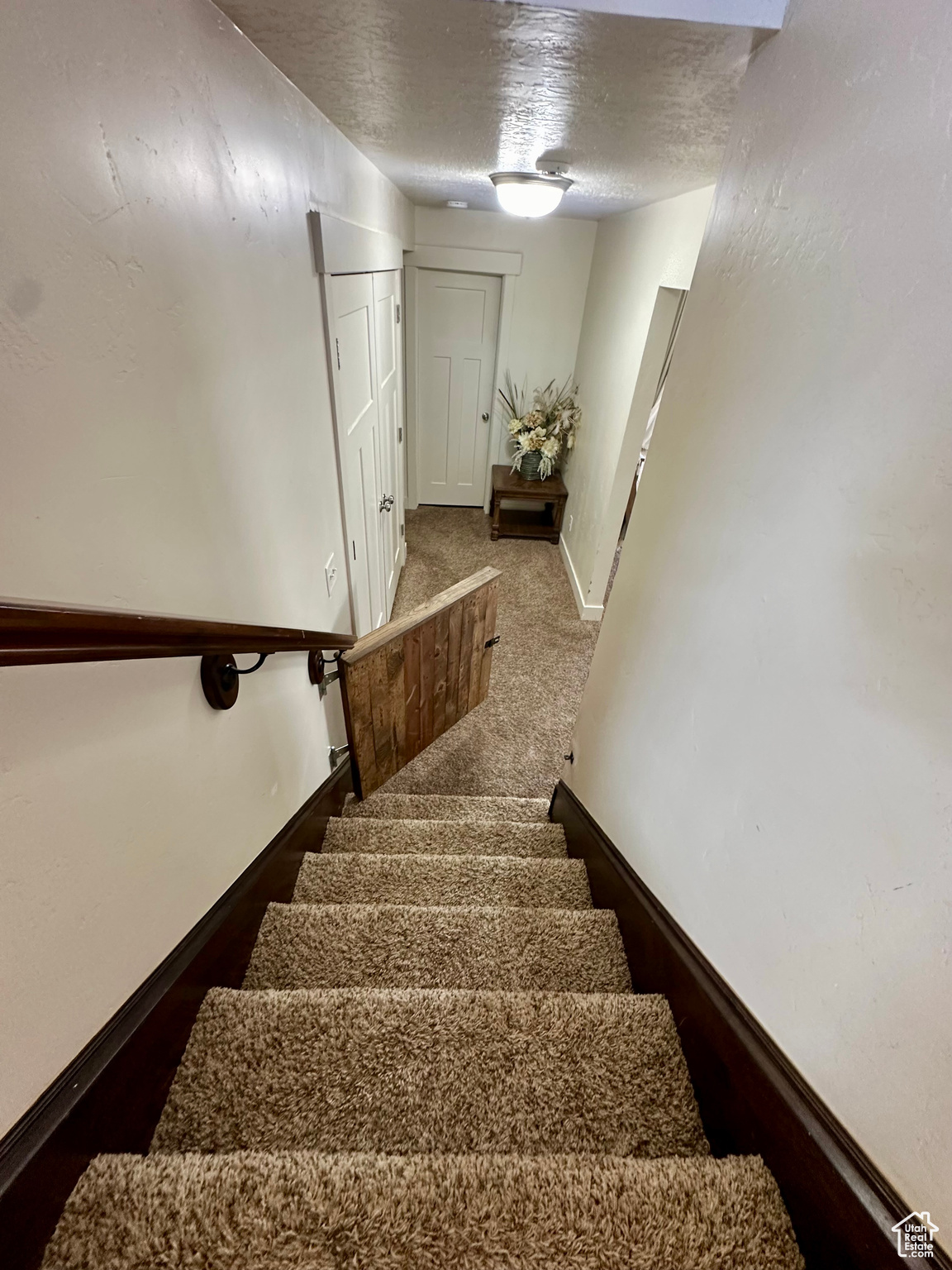 Stairway featuring a textured ceiling and carpet