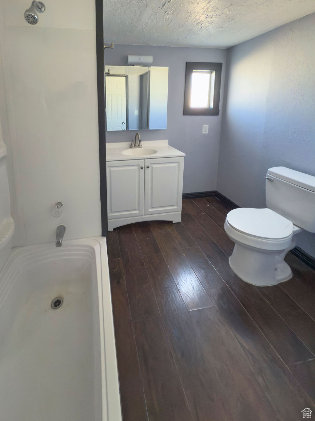 Bathroom featuring wood-type flooring, vanity, a textured ceiling, and toilet