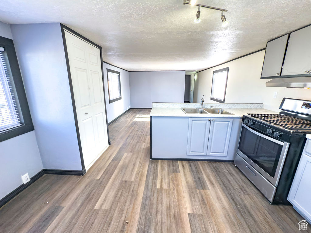 Kitchen with sink, gas range, dark wood-type flooring, and a healthy amount of sunlight