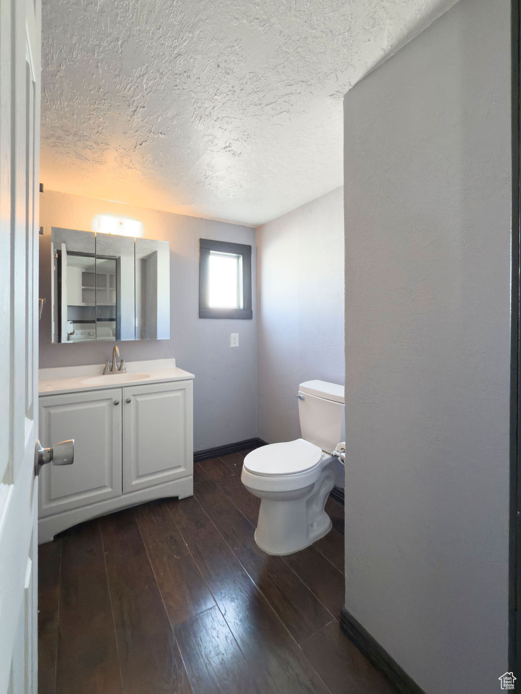 Bathroom with vanity, hardwood / wood-style flooring, a textured ceiling, and toilet