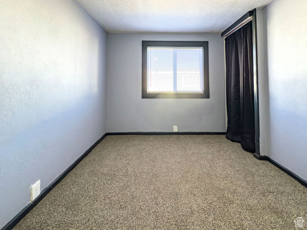 Empty room featuring carpet flooring and a textured ceiling