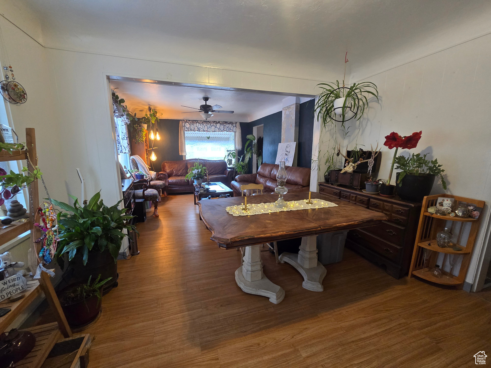 Dining space featuring ceiling fan and wood-type flooring
