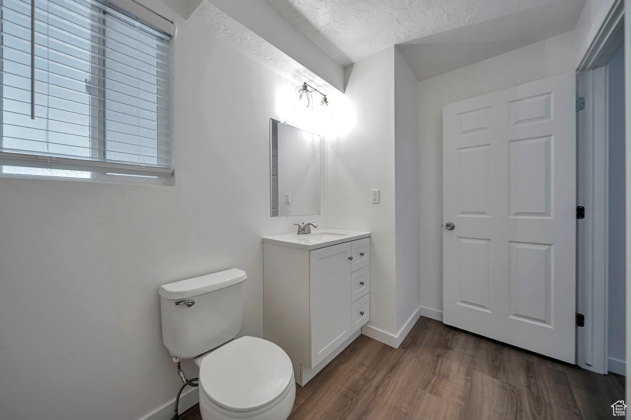 Bathroom featuring hardwood / wood-style flooring, vanity, toilet, and a textured ceiling